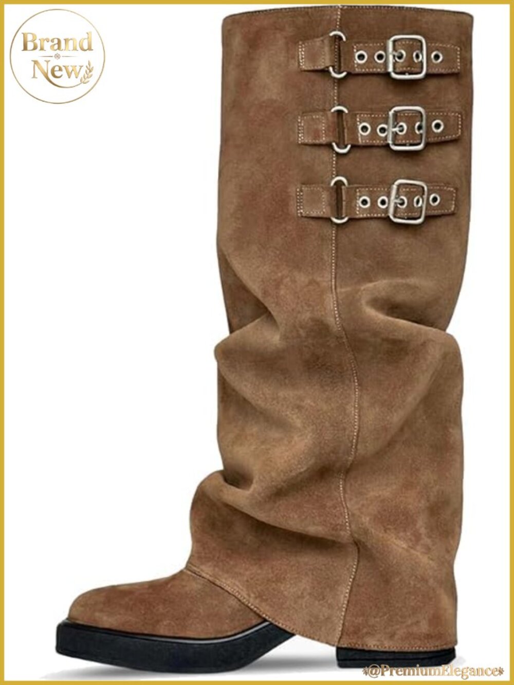 MAVMAX Women Slouchy Knee High Boots Pull On Round Toe Chunky Low Heel Platform